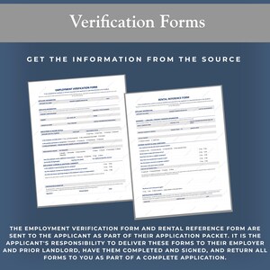Puede incluir: Dos formularios blancos titulados "Formulario de verificaci&oacute;n de empleo" y "Formulario de referencia de alquiler" se muestran sobre un fondo azul oscuro. El texto "Formularios de verificaci&oacute;n" y "Obtenga la informaci&oacute;n de la fuente" est&aacute;n en la parte superior.
