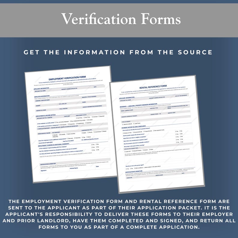 Puede incluir: Dos formularios blancos titulados "Formulario de verificaci&oacute;n de empleo" y "Formulario de referencia de alquiler" se muestran sobre un fondo azul oscuro. El texto "Formularios de verificaci&oacute;n" y "Obtenga la informaci&oacute;n de la fuente" est&aacute;n en la parte superior.