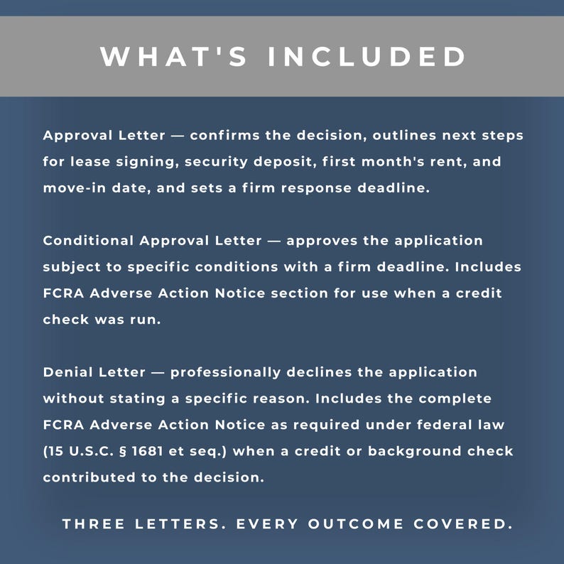 Pu&ograve; includere: Un grafico blu scuro con testo bianco. Il titolo &egrave; "WHAT'S INCLUDED". Elenca tre tipi di lettere: Approvazione, Approvazione condizionata e Rifiuto, ciascuna con una breve descrizione. Il testo "THREE LETTERS. EVERY OUTCOME COVERED." &egrave; in basso.