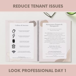 May include: An open notebook with the text "REDUCE TENANT ISSUES" at the top and "LOOK PROFESSIONAL DAY 1" at the bottom. The left page lists "Utilities & Internet" with icons. The right page details "Maintenance Request & Emergencies".