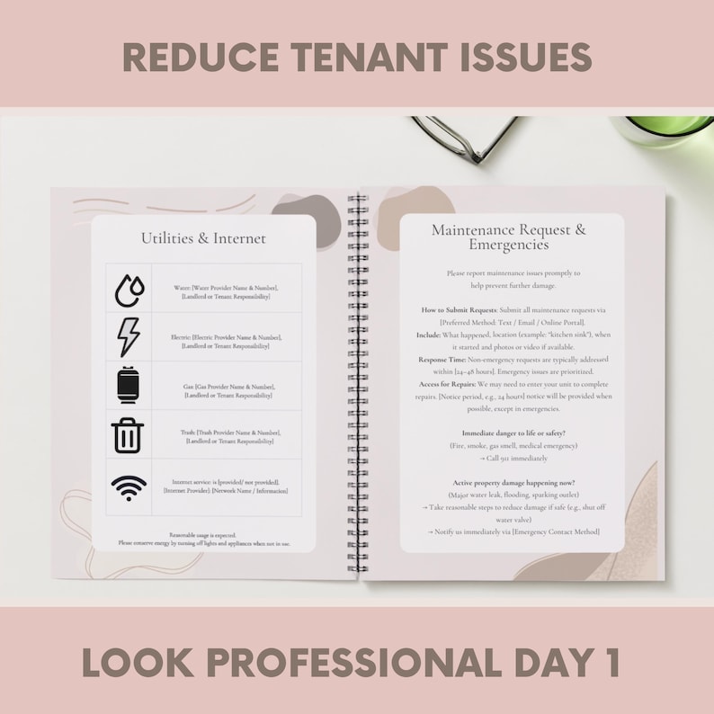 May include: An open notebook with the text "REDUCE TENANT ISSUES" at the top and "LOOK PROFESSIONAL DAY 1" at the bottom. The left page lists "Utilities & Internet" with icons. The right page details "Maintenance Request & Emergencies".