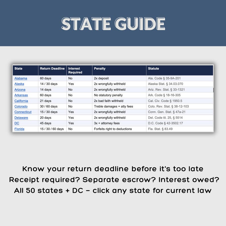 May include: A blue and white graphic titled "STATE GUIDE" with a table listing states, deadlines, and penalties. Text at the bottom reads "Know your return deadline before it's too late."