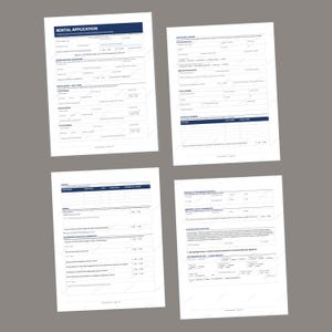 Puede incluir: Cuatro hojas de papel blanco con texto y encabezados azules, dispuestas sobre un fondo gris. La hoja superior izquierda dice "RENTAL APPLICATION" en un encabezado azul. Las otras hojas contienen secciones para empleo, ingresos y referencias.
