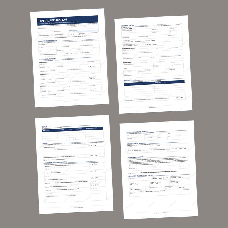 Puede incluir: Cuatro hojas de papel blanco con texto y encabezados azules, dispuestas sobre un fondo gris. La hoja superior izquierda dice "RENTAL APPLICATION" en un encabezado azul. Las otras hojas contienen secciones para empleo, ingresos y referencias.