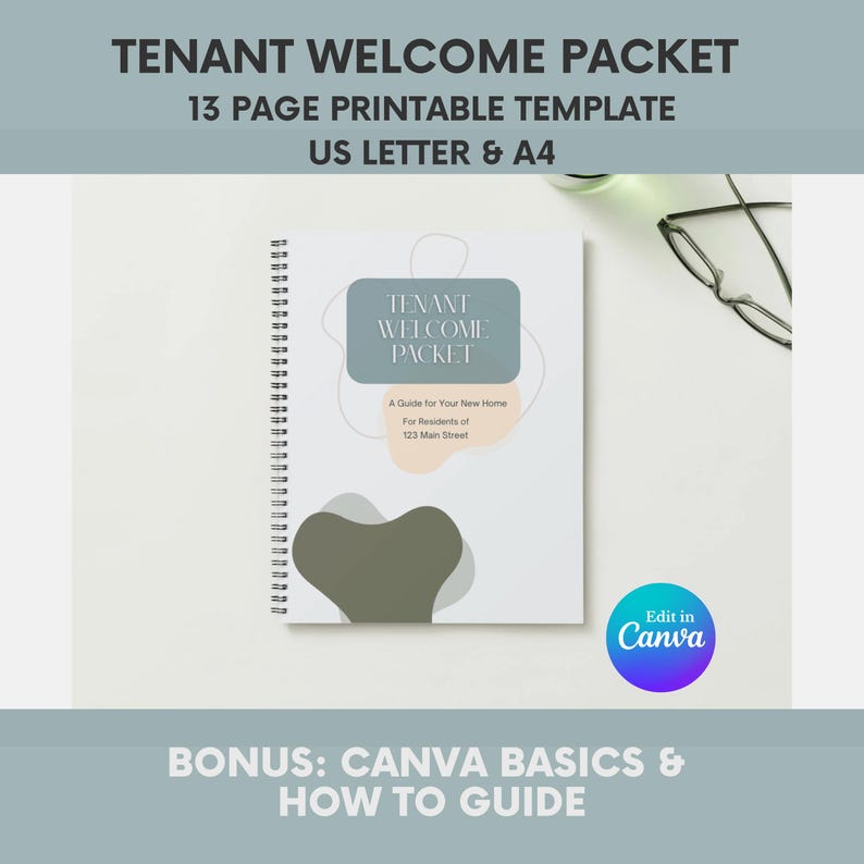 May include: A spiral-bound tenant welcome packet with the text "Tenant Welcome Packet" and "13 Page Printable Template". The cover features abstract shapes in blue and green. Includes "Canva Basics & How to Guide".