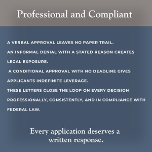 Pu&ograve; includere: Grafica con il testo "Professional and Compliant" in alto. Il testo sottostante elenca i motivi delle risposte scritte, tra cui "A VERBAL APPROVAL LEAVES NO PAPER TRAIL". Il testo in basso recita "Every application deserves a written response."
