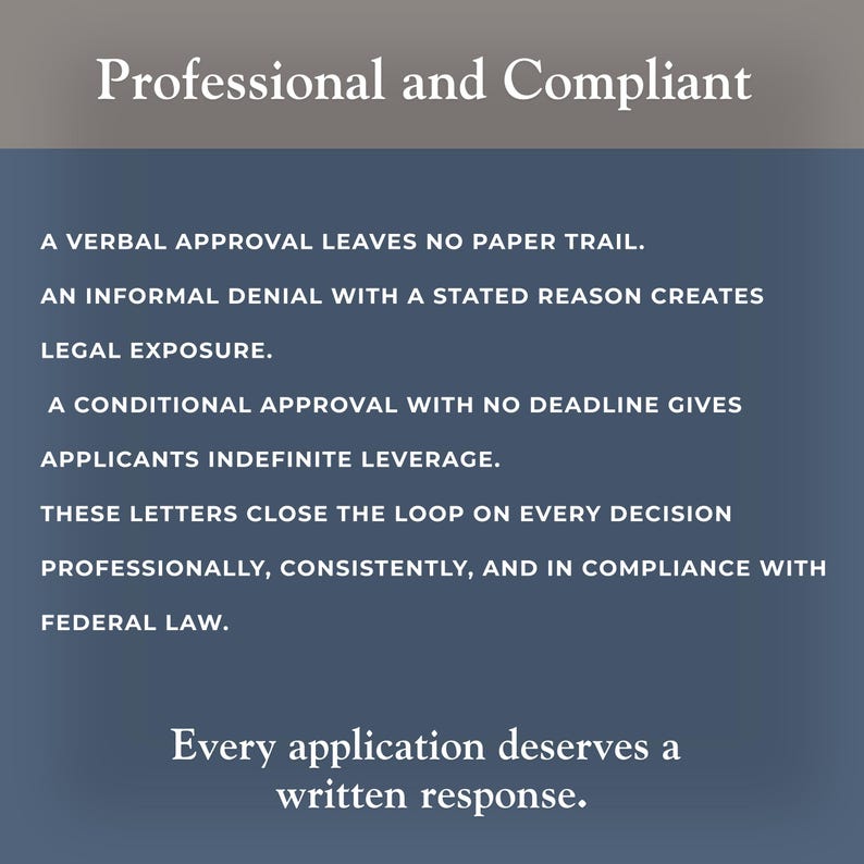 Pu&ograve; includere: Grafica con il testo "Professional and Compliant" in alto. Il testo sottostante elenca i motivi delle risposte scritte, tra cui "A VERBAL APPROVAL LEAVES NO PAPER TRAIL". Il testo in basso recita "Every application deserves a written response."
