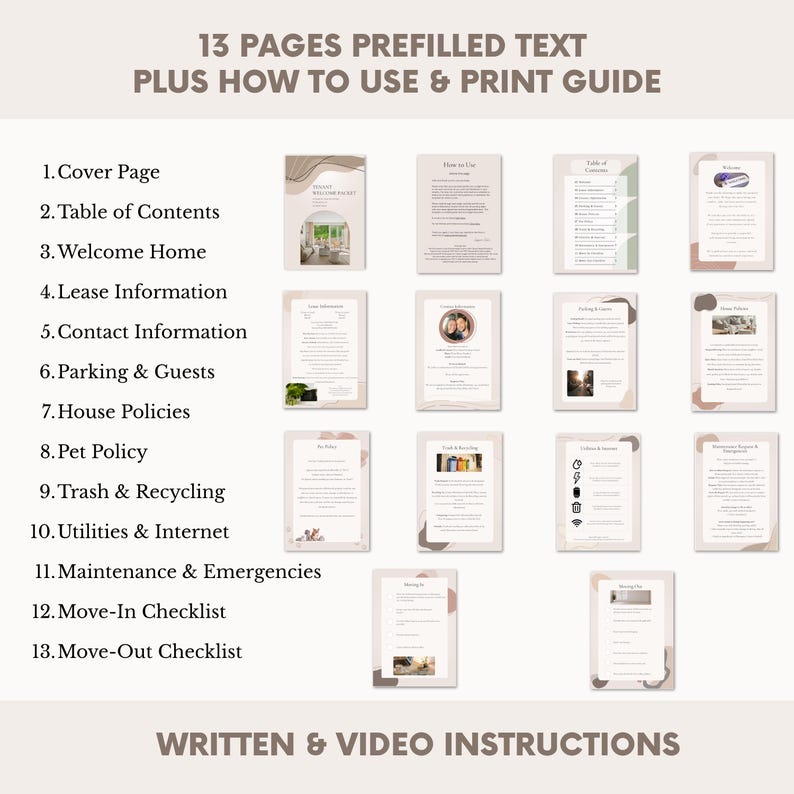 Puede incluir: Un documento digital con 13 p&aacute;ginas prellenadas, que incluyen una portada, una tabla de contenido e informaci&oacute;n de arrendamiento. El documento tambi&eacute;n incluye una gu&iacute;a de uso e impresi&oacute;n. El texto "WRITTEN & VIDEO INSTRUCTIONS" se muestra en la parte inferior.