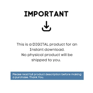 May include: White background with the word "IMPORTANT" in bold black letters above a downward-pointing arrow icon. Text below states this is a digital product for instant download, with no physical product shipped. A blue box at the bottom asks to read the full product description before purchase.