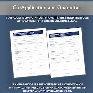Puede incluir: Dos formularios de solicitud de alquiler, uno etiquetado como "Co-Applicant" y el otro como "Guarantor", se muestran sobre un fondo azul oscuro. El texto en la parte superior dice "Co-Application and Guarantor". Texto adicional proporciona orientaci&oacute;n.