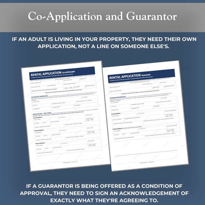 Puede incluir: Dos formularios de solicitud de alquiler, uno etiquetado como "Co-Applicant" y el otro como "Guarantor", se muestran sobre un fondo azul oscuro. El texto en la parte superior dice "Co-Application and Guarantor". Texto adicional proporciona orientaci&oacute;n.