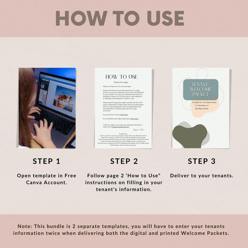 May include: A guide titled "How to Use" with instructions for a tenant welcome packet. The steps include opening a template in Canva, following instructions, and delivering to tenants. The image has a pink and beige colour scheme.