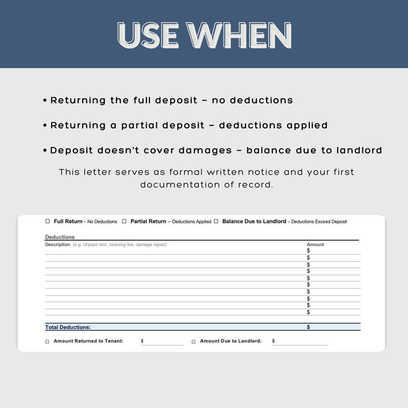 May include: A document titled "USE WHEN" with bullet points detailing deposit return scenarios. Includes a form for deductions, with fields for description and amount, and a section for total deductions and final amounts.