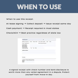 Op de afbeelding: Een ontvangstbewijs sjabloon met de tekst "WHEN TO USE" bovenaan. De tekst legt uit wanneer het ontvangstbewijs te gebruiken, inclusief het ondertekenen van een huurovereenkomst, contante betalingen en cheque/ACH-transacties. Het ontvangstbewijs bevat velden voor betaalmethode, chequegegevens en bankgegevens.