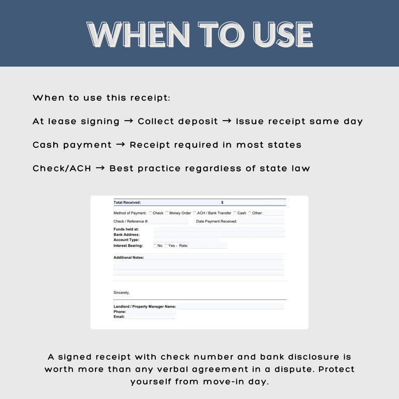 Op de afbeelding: Een ontvangstbewijs sjabloon met de tekst "WHEN TO USE" bovenaan. De tekst legt uit wanneer het ontvangstbewijs te gebruiken, inclusief het ondertekenen van een huurovereenkomst, contante betalingen en cheque/ACH-transacties. Het ontvangstbewijs bevat velden voor betaalmethode, chequegegevens en bankgegevens.