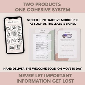May include: An open spiral-bound welcome book and a smartphone displaying a "Quick Links" menu. The book's pages show a table of contents and a welcome message. Text on the image includes "Two Products One Cohesive System."
