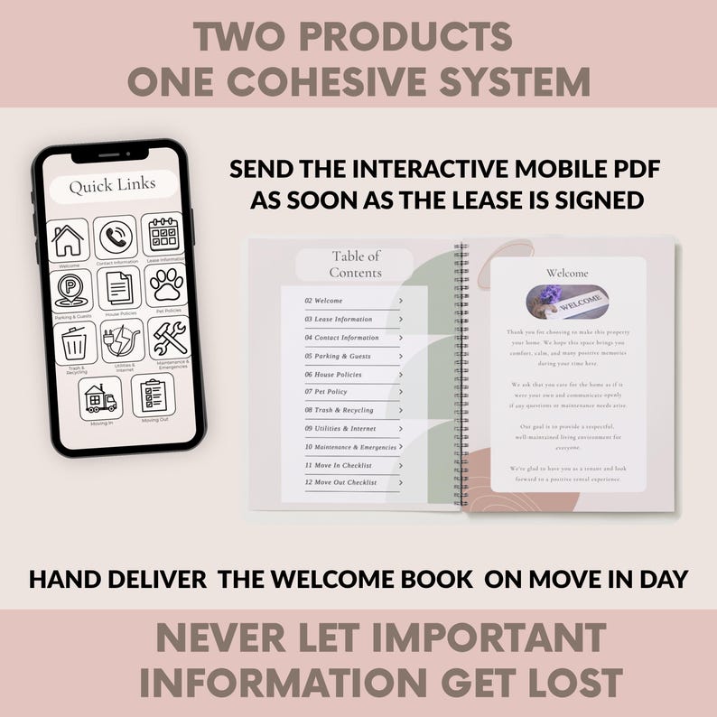 May include: An open spiral-bound welcome book and a smartphone displaying a "Quick Links" menu. The book's pages show a table of contents and a welcome message. Text on the image includes "Two Products One Cohesive System."