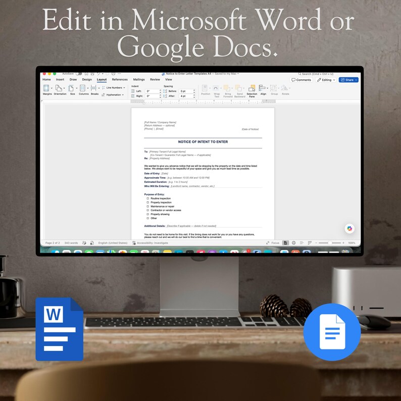 May include: A computer monitor displaying a Notice of Intent to Enter letter template in a word processing program. The screen shows text fields for names, addresses, dates, and a checklist for the purpose of entry. The text Edit in Microsoft Word or Google Docs appears above the monitor, with blue icons for Word and Google Docs below.