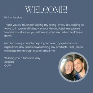 Op de afbeelding: Een marineblauwe afbeelding met het woord "WELCOME!" in witte letters. De tekst bevat een welkomstboodschap van Jessica, die bezoekers aanmoedigt om de winkel te favorieten voor updates en hulp aanbiedt bij vragen of problemen. Een cirkelvormige foto van twee personen staat rechtsonder.