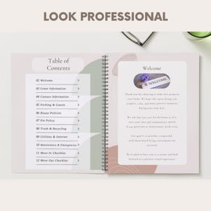Puede incluir: Un cuaderno abierto con encuadernaci&oacute;n en espiral, que presenta una tabla de contenidos y una p&aacute;gina de bienvenida. El texto "LOOK PROFESSIONAL" est&aacute; en la parte superior. La tabla de contenidos incluye secciones como "Informaci&oacute;n de alquiler" y "Normas de la casa."