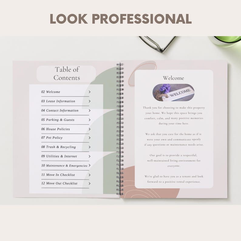 Puede incluir: Un cuaderno abierto con encuadernaci&oacute;n en espiral, que presenta una tabla de contenidos y una p&aacute;gina de bienvenida. El texto "LOOK PROFESSIONAL" est&aacute; en la parte superior. La tabla de contenidos incluye secciones como "Informaci&oacute;n de alquiler" y "Normas de la casa."