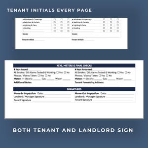 May include: A white and blue document with the text "TENANT INITIALS EVERY PAGE" at the top. The document includes sections for initialing items like windows, switches, and heating. It also has sections for keys, meters, and signatures.