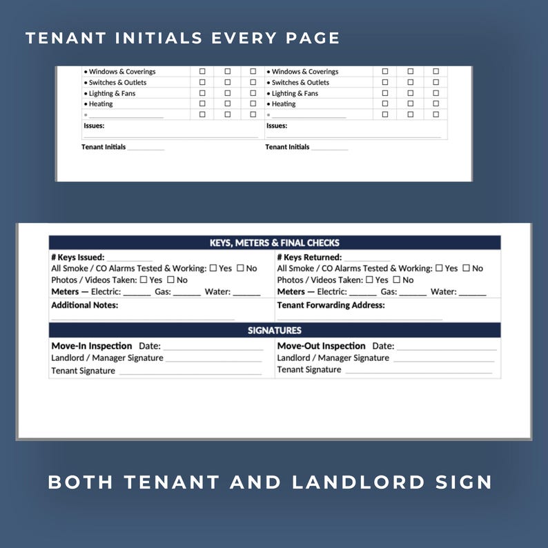 May include: A white and blue document with the text "TENANT INITIALS EVERY PAGE" at the top. The document includes sections for initialing items like windows, switches, and heating. It also has sections for keys, meters, and signatures.