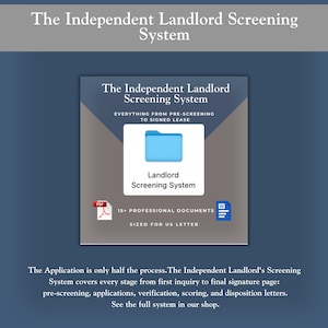 Puede incluir: Un gr&aacute;fico digital que promociona "The Independent Landlord Screening System". La imagen presenta un icono de carpeta azul con la etiqueta "Landlord Screening System" con texto de apoyo. Incluye iconos de documentos PDF y Word, y el texto "15+ Professional Documents Sized for US Letter."