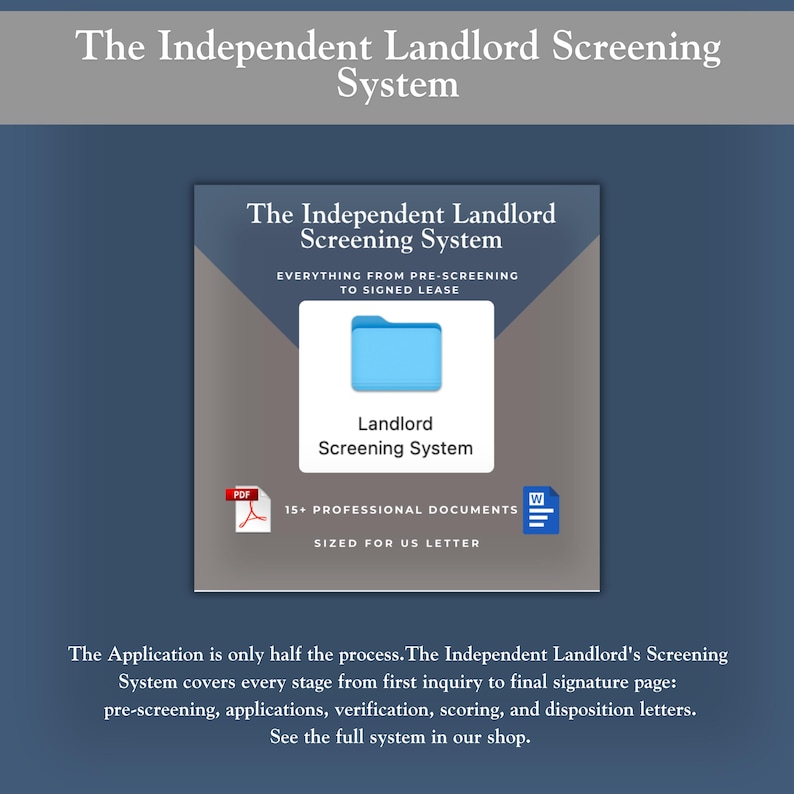 Puede incluir: Un gr&aacute;fico digital que promociona "The Independent Landlord Screening System". La imagen presenta un icono de carpeta azul con la etiqueta "Landlord Screening System" con texto de apoyo. Incluye iconos de documentos PDF y Word, y el texto "15+ Professional Documents Sized for US Letter."