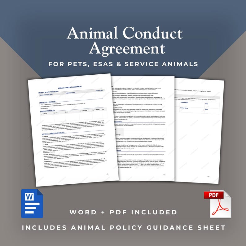May include: A multi-page Animal Conduct Agreement document for pets, ESAs, and service animals. The document includes sections for property and party information, animal details, and tenant responsibilities. Word and PDF icons are displayed.