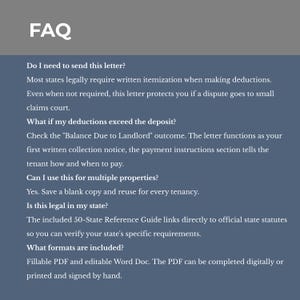 May include: A document titled "FAQ" with questions and answers about a letter. The questions include sending the letter, deductions, and legal aspects. The document is designed to provide information about the letter's use and format.