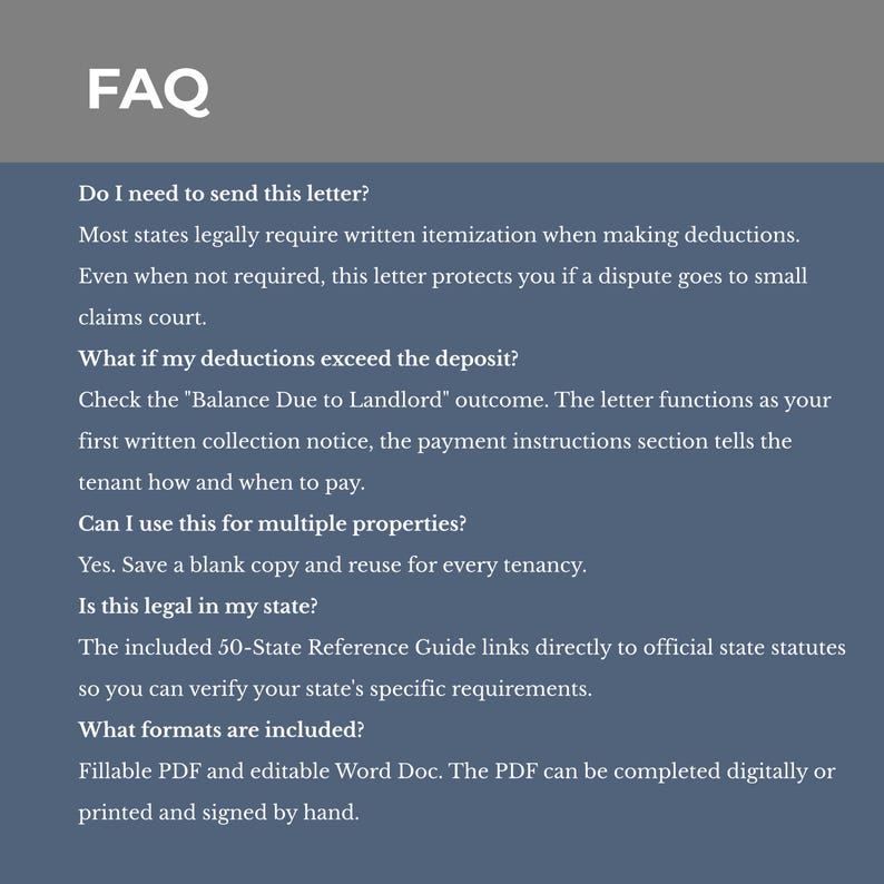 May include: A document titled "FAQ" with questions and answers about a letter. The questions include sending the letter, deductions, and legal aspects. The document is designed to provide information about the letter's use and format.