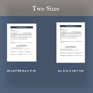 May include: Two Rent Increase Notice forms displayed side-by-side. The left document is labeled US Letter 8.5 x 11 in, and the right document is labeled A4 21.0 x 29.7 cm. Both forms include fields for date, tenant, property address, and signature.