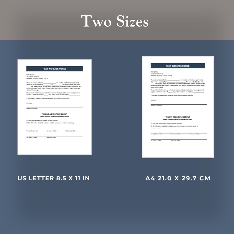 May include: Two Rent Increase Notice forms displayed side-by-side. The left document is labeled US Letter 8.5 x 11 in, and the right document is labeled A4 21.0 x 29.7 cm. Both forms include fields for date, tenant, property address, and signature.