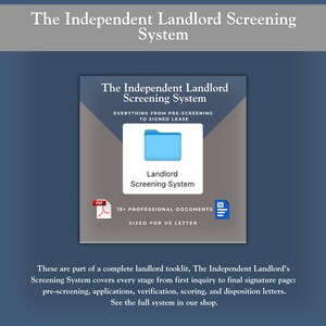 Pu&ograve; includere: Una grafica digitale che promuove "The Independent Landlord Screening System". L'immagine presenta un'icona di cartella blu con l'etichetta "Landlord Screening System" con il testo "Everything from Pre-Screening to Signed Lease". Include icone di documenti PDF e Word e il testo "15+ Professional Documents Sized for US Letter."