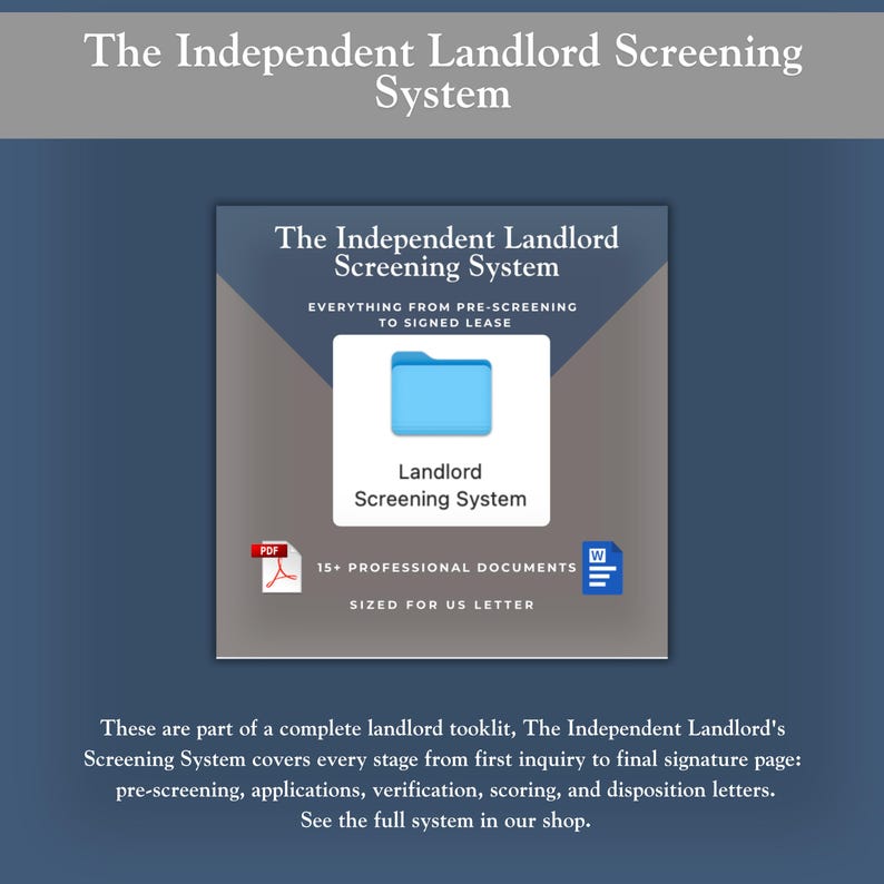 Pu&ograve; includere: Una grafica digitale che promuove "The Independent Landlord Screening System". L'immagine presenta un'icona di cartella blu con l'etichetta "Landlord Screening System" con il testo "Everything from Pre-Screening to Signed Lease". Include icone di documenti PDF e Word e il testo "15+ Professional Documents Sized for US Letter."