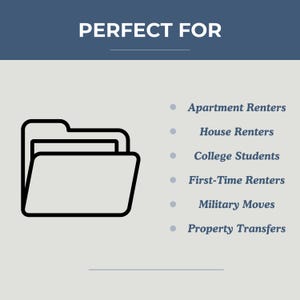 May include: A graphic featuring a black outline of a file folder icon on the left and the text PERFECT FOR at the top. A list follows with bullet points for Apartment Renters, House Renters, College Students, First-Time Renters, Military Moves, and Property Transfers.