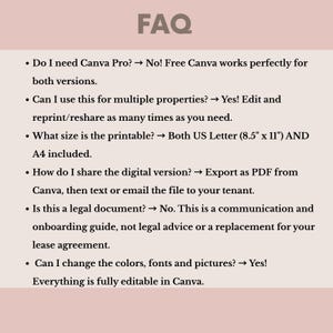 May include: A beige graphic with the word "FAQ" at the top. Below, bullet points answer common questions about a printable document, including size (21.6 cm x 27.9 cm and A4) and editing options. The text is in a sans-serif font.