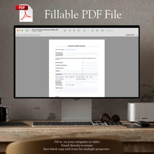 Op de afbeelding: Een computerscherm toont een formulier voor een "Waarborgsom Ontvangstbewijs" als een "Invulbaar PDF-bestand". De tekst geeft aan dat het formulier op een computer of tablet kan worden ingevuld, gemaild en een lege kopie kan worden opgeslagen.