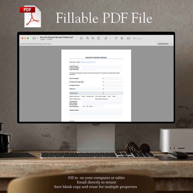 Op de afbeelding: Een computerscherm toont een formulier voor een "Waarborgsom Ontvangstbewijs" als een "Invulbaar PDF-bestand". De tekst geeft aan dat het formulier op een computer of tablet kan worden ingevuld, gemaild en een lege kopie kan worden opgeslagen.