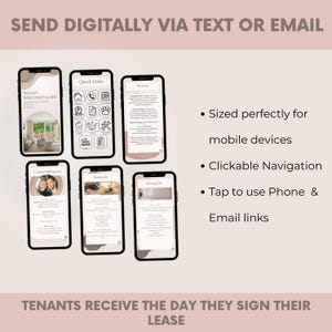 May include: Six smartphones displaying a tenant welcome packet. The phones show information, quick links, and moving details. Text at the top reads "SEND DIGITALLY VIA TEXT OR EMAIL." The bottom text says "TENANTS RECEIVE THE DAY THEY SIGN THEIR LEASE."