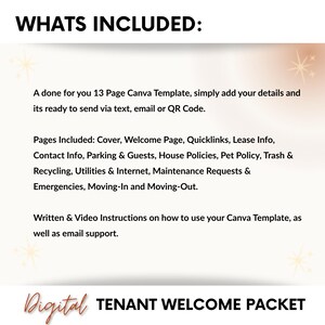 May include: A digital tenant welcome packet template. The image displays the text "WHATS INCLUDED:" followed by a list of included pages and features. The template is a 13-page Canva template, ready to send via text, email, or QR code.