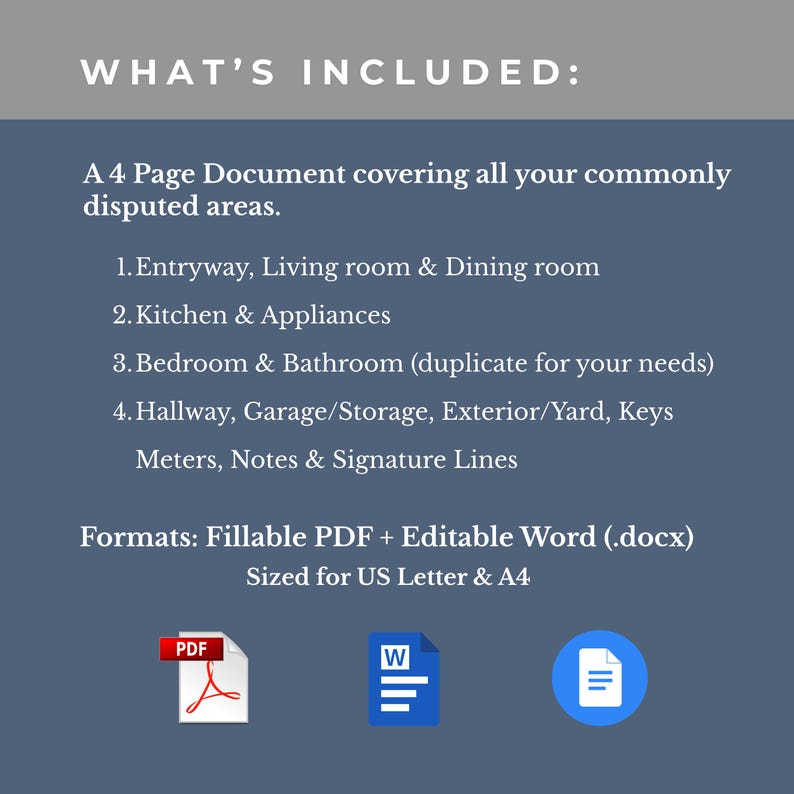 May include: A document titled "WHAT'S INCLUDED:" on a blue background. The document covers disputed areas, including the entryway, kitchen, bedroom, and hallway. Formats include fillable PDF and editable Word documents, sized for US Letter and A4.