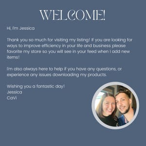Puede incluir: Un gr&aacute;fico azul marino con la palabra "WELCOME!" en elegante escritura blanca. El texto incluye un mensaje de bienvenida de Jessica, agradeciendo a los visitantes y ofreciendo asistencia con las descargas de productos. Una foto circular de una pareja sonriente est&aacute; en la parte inferior derecha.