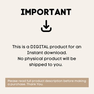 May include: An announcement for a digital product, featuring the word "IMPORTANT" in bold black text. An arrow icon points downwards. The text clarifies it's a digital download, with no physical product being shipped to the customer.