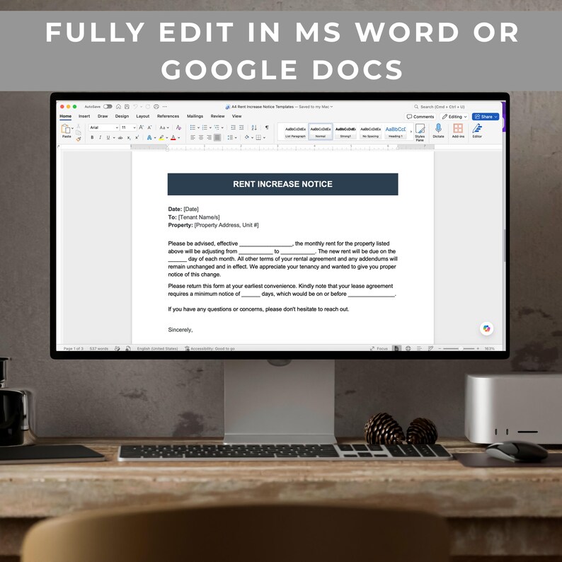 May include: A computer monitor displaying a digital rent increase notice template with the text FULLY EDIT IN MS WORD OR GOOGLE DOCS at the top. The document includes fields for date, tenant name, property address, and specific rent adjustment details.