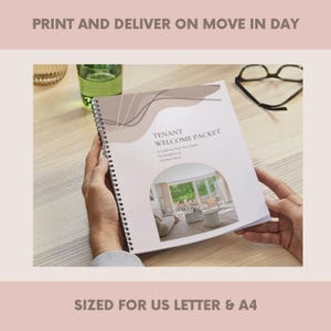 May include: A spiral-bound "Tenant Welcome Packet" is held open, displaying an interior design image. The cover features text and abstract shapes. The text "Print and Deliver on Move In Day" and "Sized for US Letter & A4" are also visible.