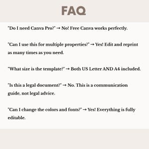 Puede incluir: Un gr&aacute;fico color crema con la palabra "FAQ" en una fuente marr&oacute;n oscuro en la parte superior. Debajo, una lista de preguntas y respuestas sobre una plantilla, incluyendo el tama&ntilde;o, el uso de Canva Pro y aspectos legales. El texto est&aacute; en una fuente clara y legible.