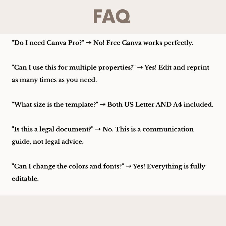 Puede incluir: Un gr&aacute;fico color crema con la palabra "FAQ" en una fuente marr&oacute;n oscuro en la parte superior. Debajo, una lista de preguntas y respuestas sobre una plantilla, incluyendo el tama&ntilde;o, el uso de Canva Pro y aspectos legales. El texto est&aacute; en una fuente clara y legible.