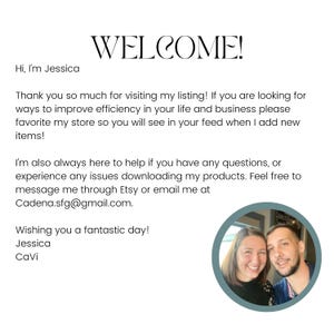 May include: White background with the word "WELCOME!" in a decorative font. Text includes a welcome message, contact information, and a photo of two people. The image is designed for an Etsy listing.